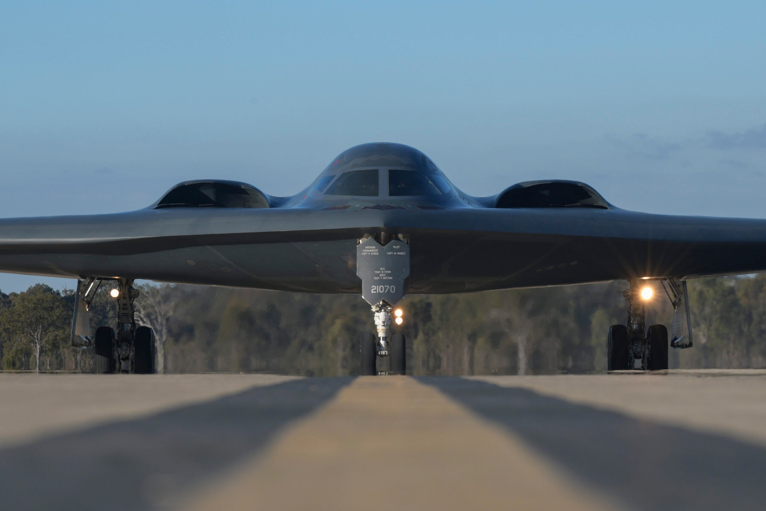A U.S. Air Force B-2 Spirit taxis at Royal Australian Air Force Base Amberley, Australia, during a Bomber Task Force mission, July 25, 2022. Together with Allies and partners, the United States is dedicated to maintaining a region comprised of nations that adhere to the international rule of law. (U.S. Air Force photo by Tech. Sgt. Dylan Nuckolls)