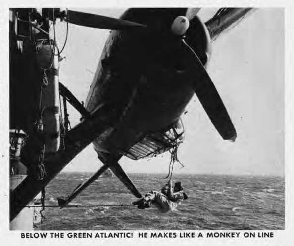 VC-24 pilot Frank E. Toy moves along a line secured to the cockpit of his TBM-3S Avenger as it hangs precariously from the port catwalk of the USS <em>Palau</em> (CVE-122). Toy attempted to get airborne again after an inflight engagement of the arresting gear. <em>USN/Naval Aviation News May 1950</em>