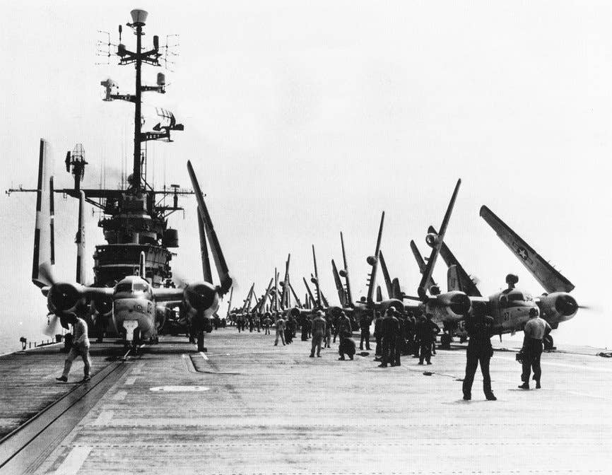 S2F-1 Trackers from VS-24 “Scouts” and VS-27 “Pelicans,” assigned to CVSG-56, are launched from the USS <em>Valley Forge</em> (CVS-45) in 1960. <em>USN</em>