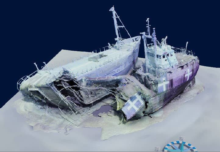 A view of the wreckage of the cargo ship <em>Coastal Sea</em> sitting on the bottom of the Gulf of Mexico created using a 3D underwater imaging system. <em>Okaloosa County, FL, Artificial Reef Office</em>