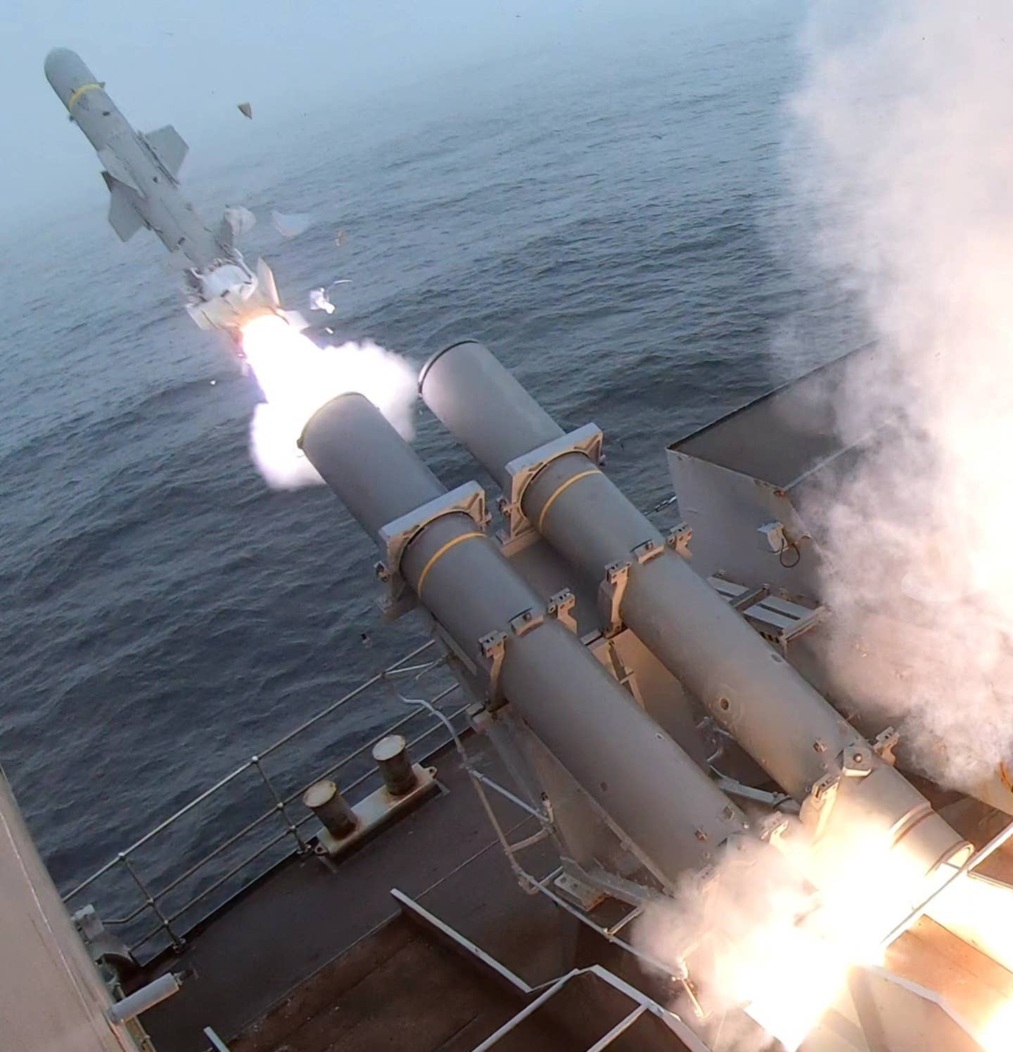 HMS <em>Westminster</em> launches a AGM-84D Harpoon missile during Exercise Atlantic Thunder 22. <em>U.S. Navy</em>