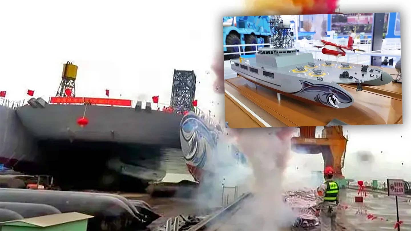 A picture of the drone mothership test and training vessel at the time of its launch with an inset showing the model of the ship at Zhuhai in 2021. <em>Chinese internet</em>