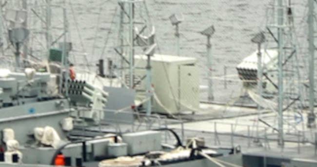 A close-up look at the Type 726-series defensive launchers on the barge. <em>Chinese internet</em>