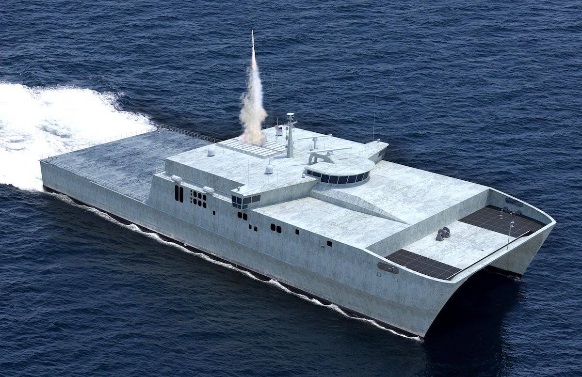 Austal USA has been pursuing a wide range of unmanned surface vessel designs, including this concept from 2019 showing a large unmanned surface vessel based on the Expeditionary Fast Transport design and fitted with a vertical launch system. (Austal USA)