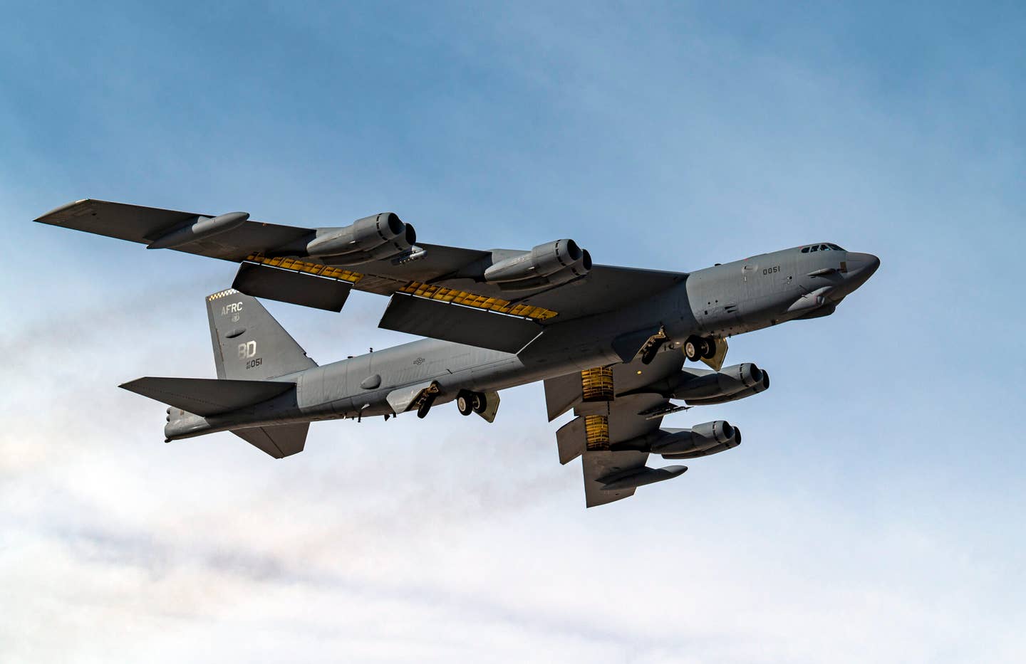 A B-52 Stratofortress assigned to the 340th Weapons Squadron at Barksdale Air Force Base, La., takes off during a U.S. Air Force Weapons School Integration exercise at Nellis AFB, Nev., Nov. 18, 2021.&nbsp;<em>Credit: U.S. Air Force photo by William R. Lewis</em>