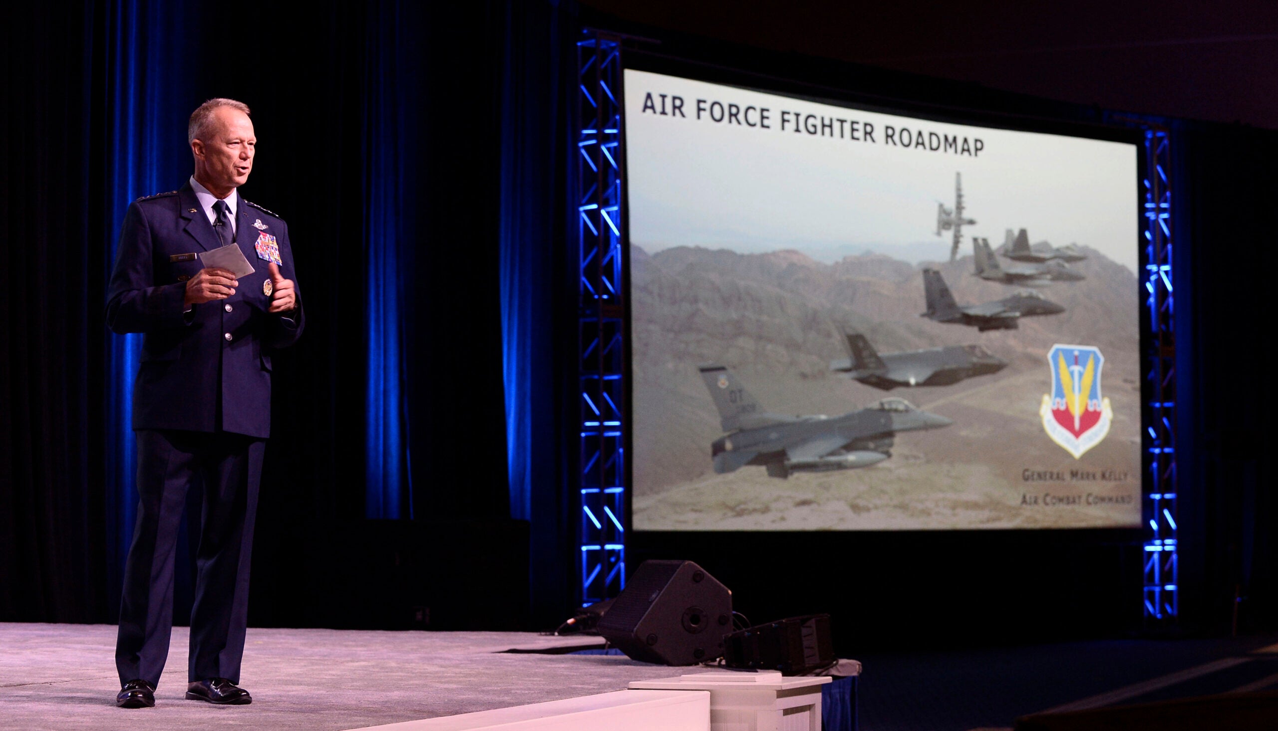 Gen. Mark D. Kelly, Air Combat Command commander, speaks at the Air Force Association's Air, Space &amp; Cyber Conference in National Harbor, Md., Sept. 22, 2021. Kelly spoke and answered questions on the topic of the "Fighter Roadmap." (U.S. Air Force illustration by Tech. Sgt. Joshua R. M. Dewberry)