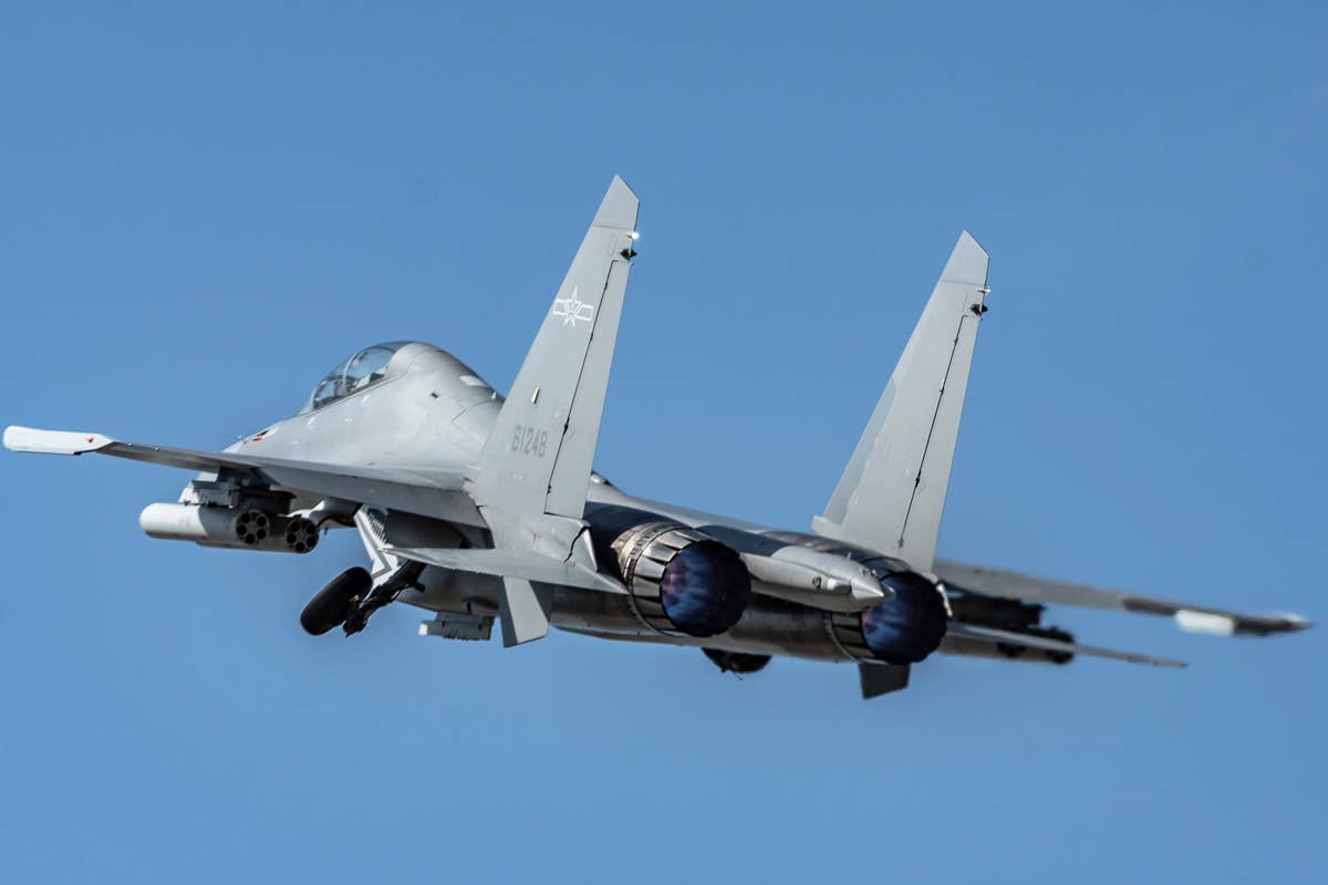 A Chinese J-16 fighter jet takes off for a mission during the Sino-Russian Aviadarts exercise in 2021. <em>Ministry of Defense of the Russian Federation</em>