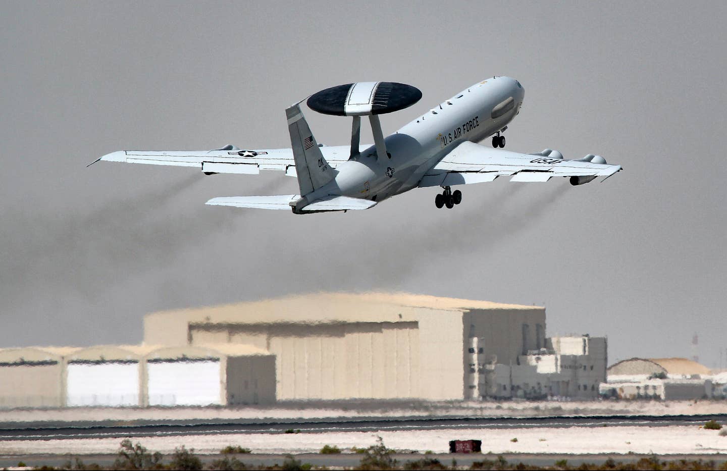 An U.S. Air Force E-3 Sentry takes off from Al Dhafra Air Base, United Arab Emirates, March 6, 2022. The E-3 is an airborne warning and control (AWACS) system aircraft with an integrated command and control battle management surveillance, target detection and tracking platform. (U.S. Air Force photo by Master Sgt. Dan Heaton)