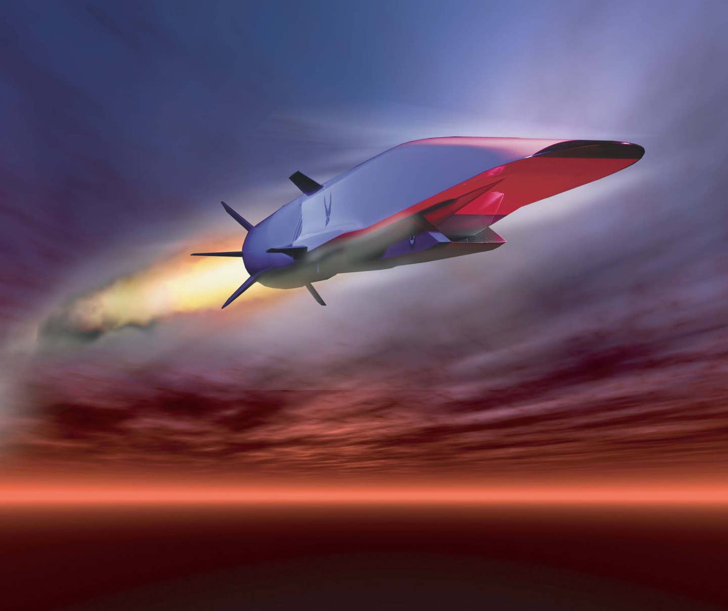 Rendering on an X-51A Waverider hypersonic weapon. Powered by a Pratt &amp; Whitney Rocketdyne SJY61 scramjet engine, it is designed to ride on its own shockwaves and accelerate to about Mach 6. <em>Credit: U.S. Air Force </em>