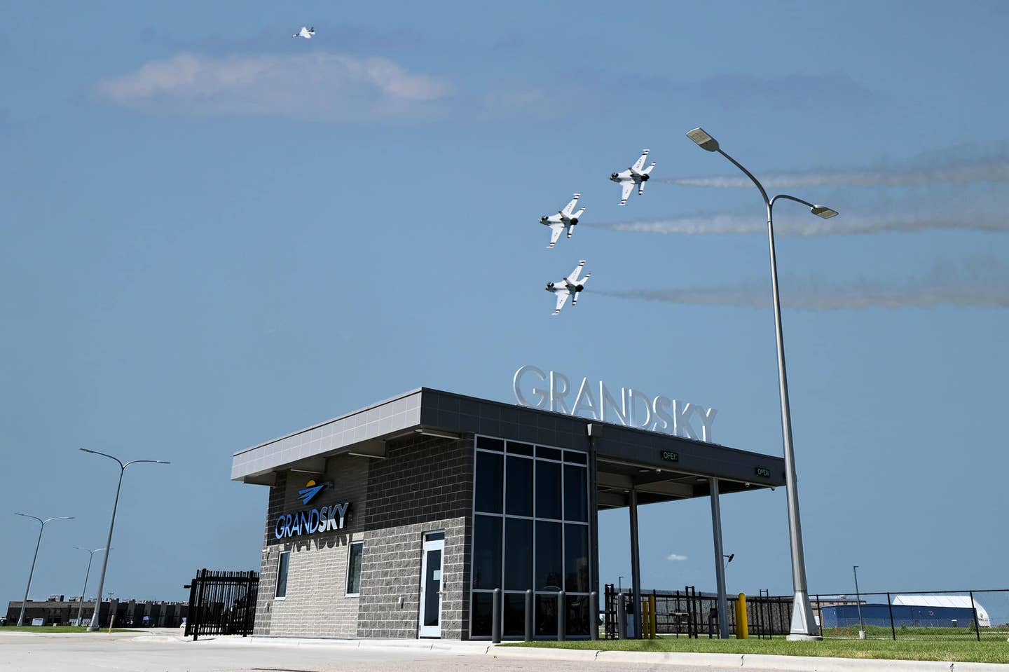 Entrance to the Grand Sky testing facility in North Dakota where all retired Block 20 and Block 30 RQ-4 Global Hawks will be housed. <em>Credit: Grand Sky</em>
