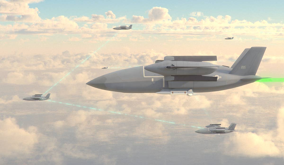 An artist's conception of a flight of networked, uncrewed High-Speed Vertical Takeoff and Landing (HSVTOL) aircraft armed with compact air-to-air missiles, highlighting the interest in these weapons as armament options for future drones. <em>Bell</em>