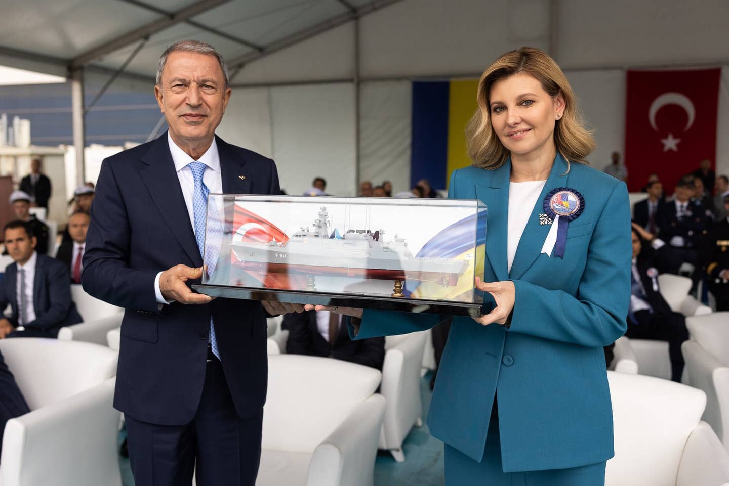 A mockup of the Ada-class corvette <em>Hetman Ivan Mazepa</em> was presented to Olena Zelenska, wife of Ukrainian President Volodymyr Zelensky (Olena Zelenska photo)