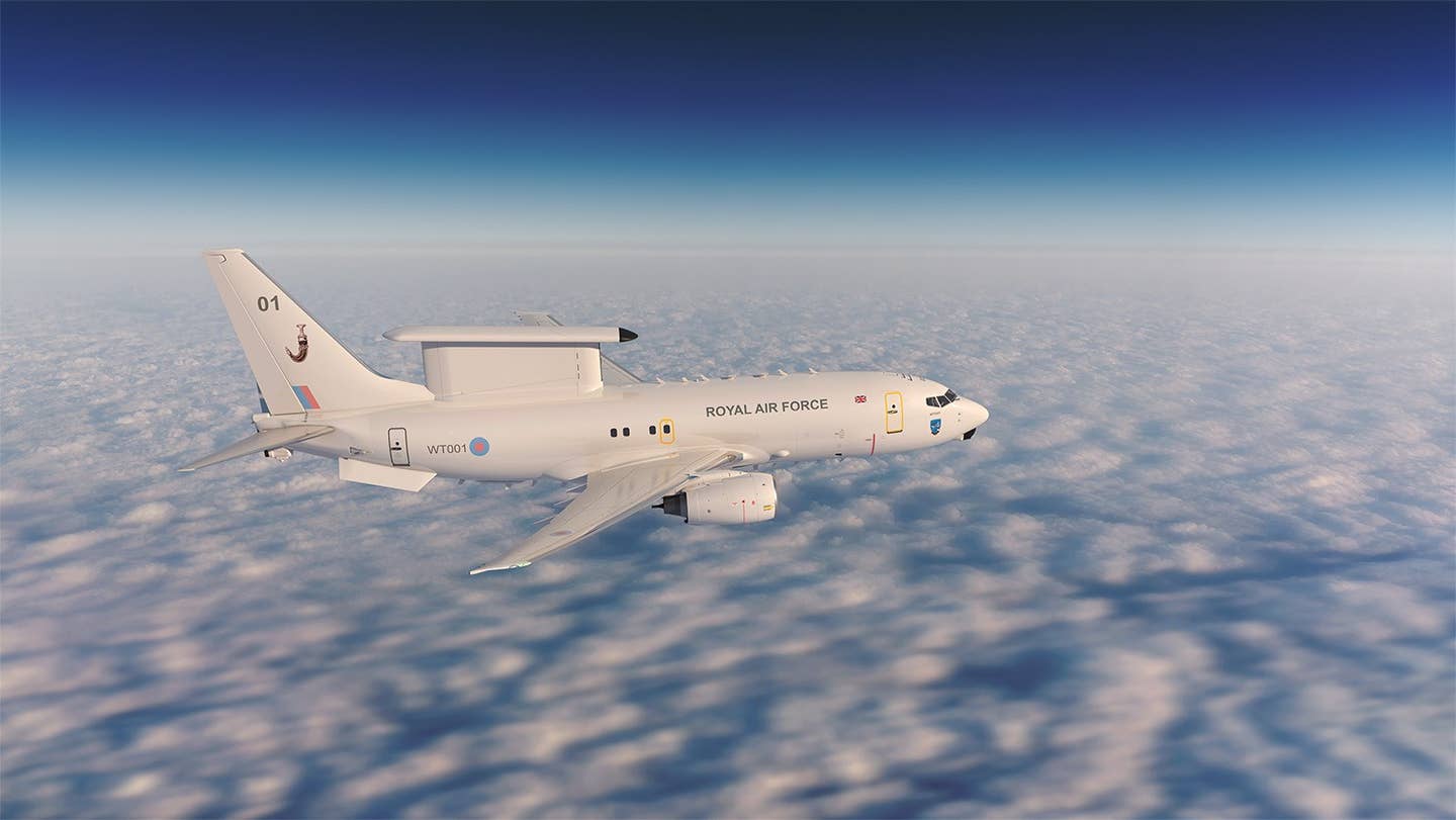 Replacement for the E-3D Sentry AEW1 with the Royal Air Force will be the E-7A Wedgetail AEW1, seen in an artist’s concept wearing the markings of No. 8 Squadron. <em>Crown Copyright</em>