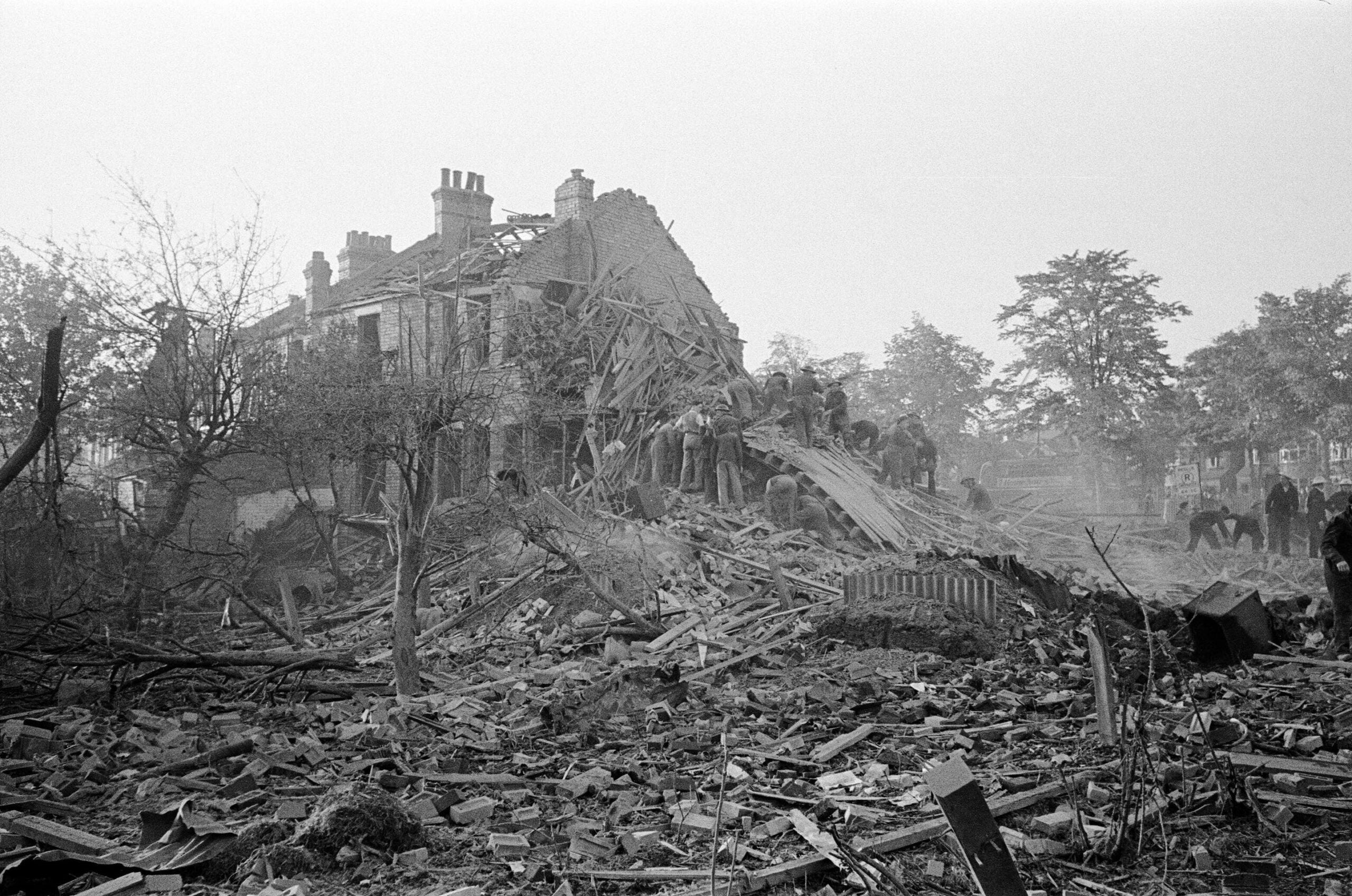 V2 Rocket incident at Tewkesbury Terrace, Bounds Green Road, Southgate. Parts of the rocket after the explosion. 16th September 1944. (Photo by Daily Mirror/Mirrorpix/Mirrorpix via Getty Images)