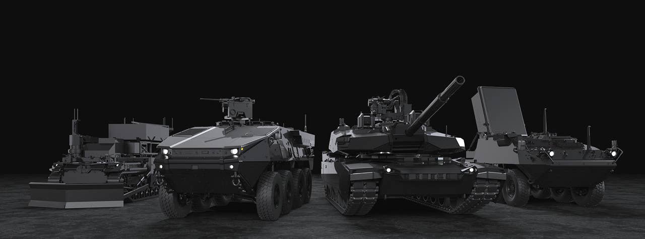 Renderings of, from left to right, the TRX Breacher, StrykerX, AbramsX, and Stryker Leonidas. <em>General Dynamics Land Systems</em>
