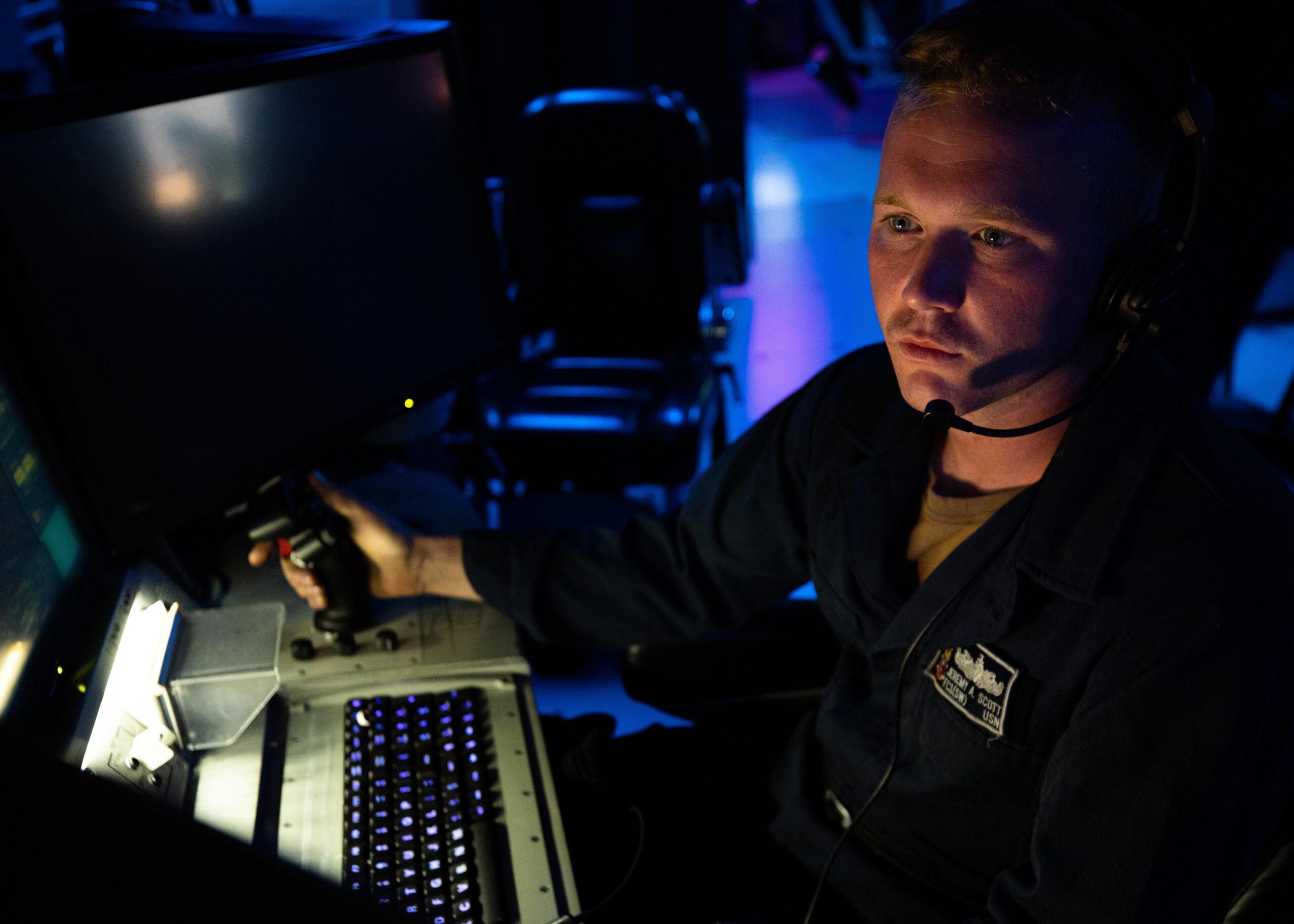 PHILIPPINE SEA (Oct. 3, 2022) Fire Controlman 1st Class Jeremy Scott, from Vero Beach, Fla., stands watch aboard the Ticonderoga-class guided-missile cruiser USS Chancellorsville (CG 62) in the Philippine Sea, Oct. 3, 2022. (U.S. Navy photo by Petty Officer 2nd Class Justin Stack)