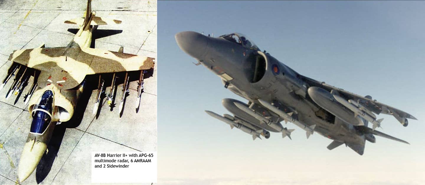 Left: A AV-8B+ loaded out with six AIMRAAMs and two Sidewinders. Right: A Sea Harrier FA2 sporting a quartet of AMRAAMs, its principal weapon. (Public Domain/RN)