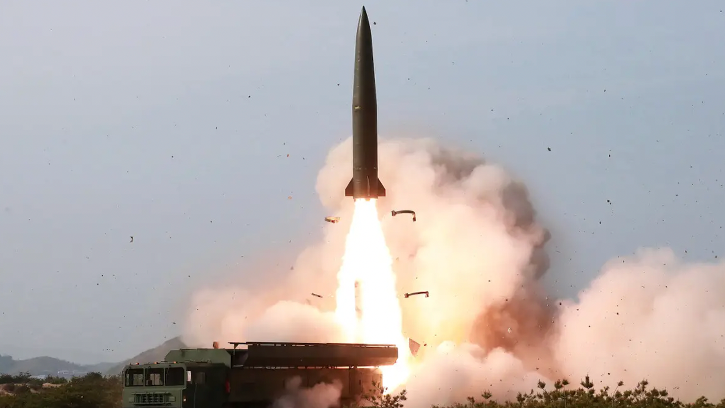 A previous North Korean SRBM test, involving the launch of a KN-23 launch from an eight-wheeled TEL in 2019.&nbsp;<em>North Korean state media</em>