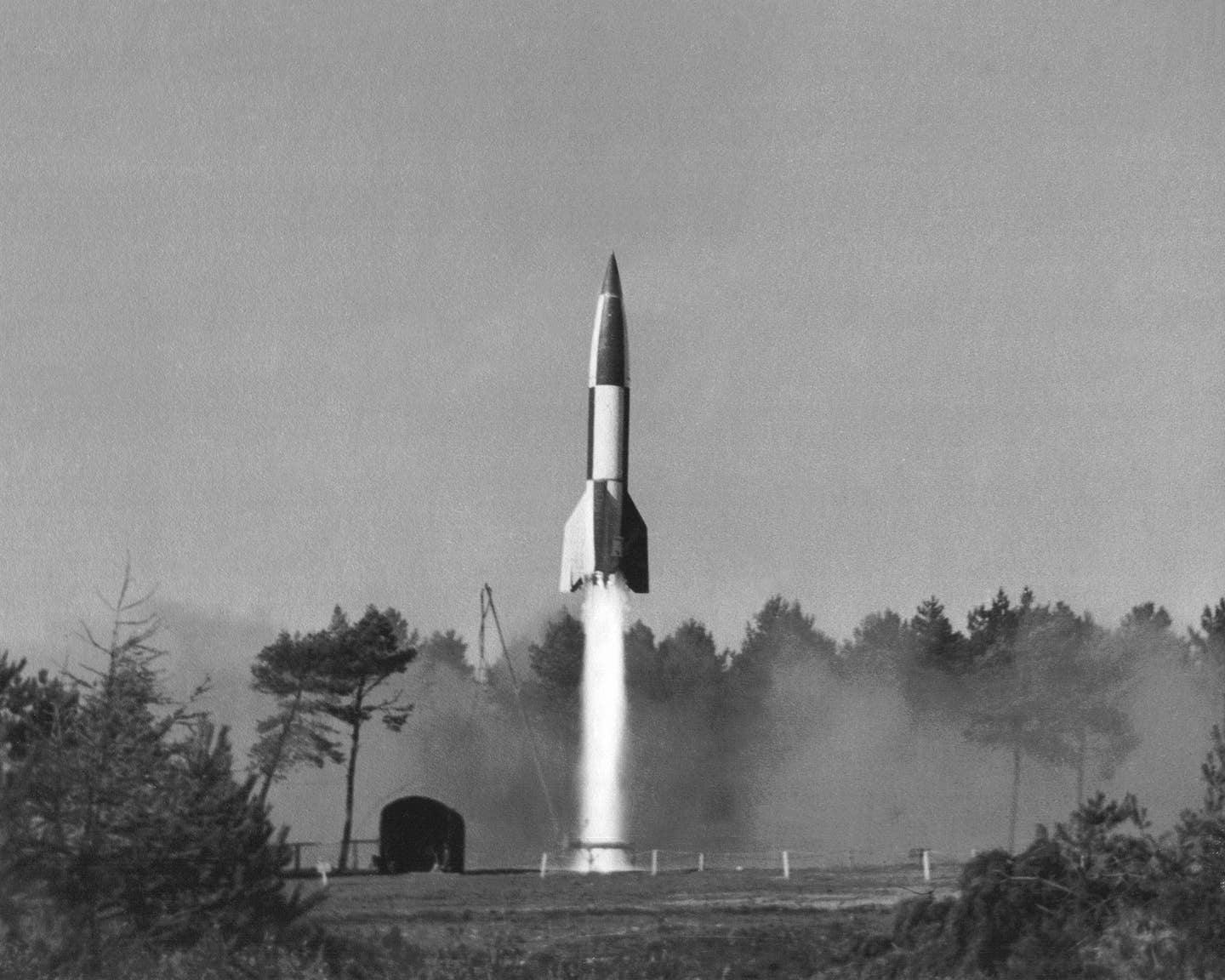 A V-2 rocket launched under British supervision as part of Operation Backfire, October 1945. <em>Photo credit: Charles Black, courtesy of Warwick Black.</em>