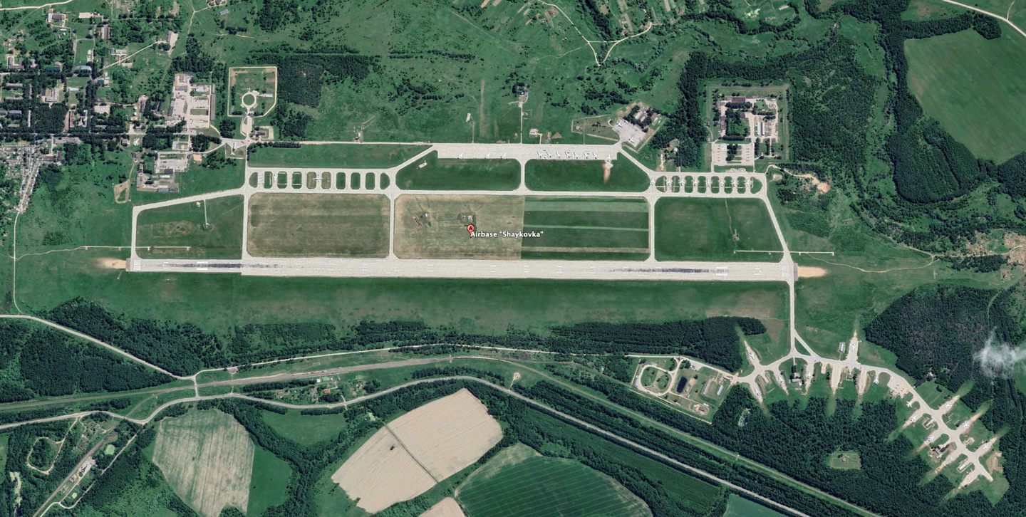 Russia's Shaykovka Air Base in the Kaluga Oblast as seen from a satellite in June of 2022. (Google Earth photo)