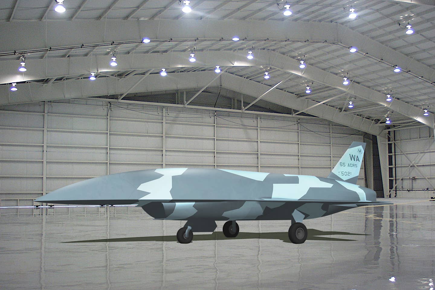A rendering of Blue Force Technologies' Fury aggressor drone. Note the camouflage scheme inspired by the one worn by F-35A stealth fighters assigned to the U.S. Air Force's 65th Aggressor Squadron and that squadron's markings on the tail. <em>Blue Force Technologies</em>