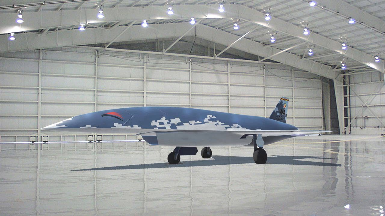 An older rendering of what was originally called the REDmedium aggressor drone. The drone is depicted here wearing a paint scheme that is found on an F-16 assigned to the U.S. Air Force's 64th Aggressor Squadron and that was inspired by the camouflage pattern on one of Russia's pre-production Su-57 advanced combat jet prototypes. <em>Blue Force Technologies</em>