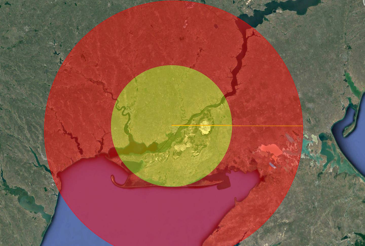 A very rough (nontechnical) graphic showing the massive difference in coverage area between GMLRS and ER GMLRS as superimposed over Kherson in southern Ukraine. (Google Earth/The War Zone)