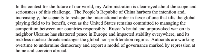 President Joe Biden's thoughts on challenges presented by China and Russia, as outlined in the National Security Strategy document released Wednesday.