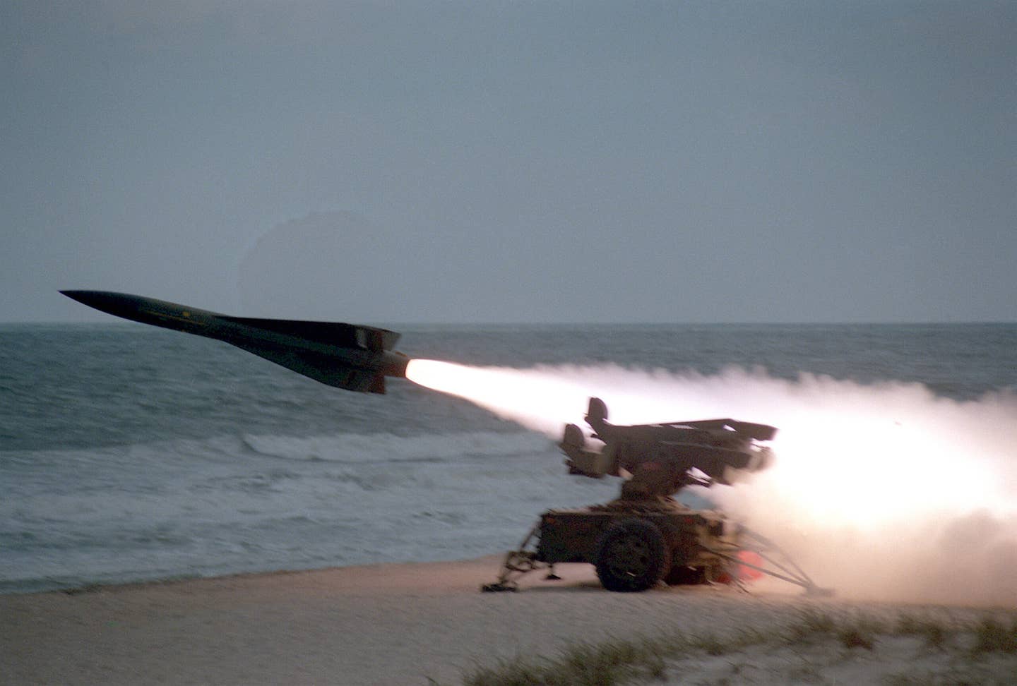 An MIM-23 HAWK missile is fired by the 3rd Light Anti-aircraft Missile Battalion during a training exercise. <em>Credit: CPL. C. COPE/Wikimedia Commons</em>