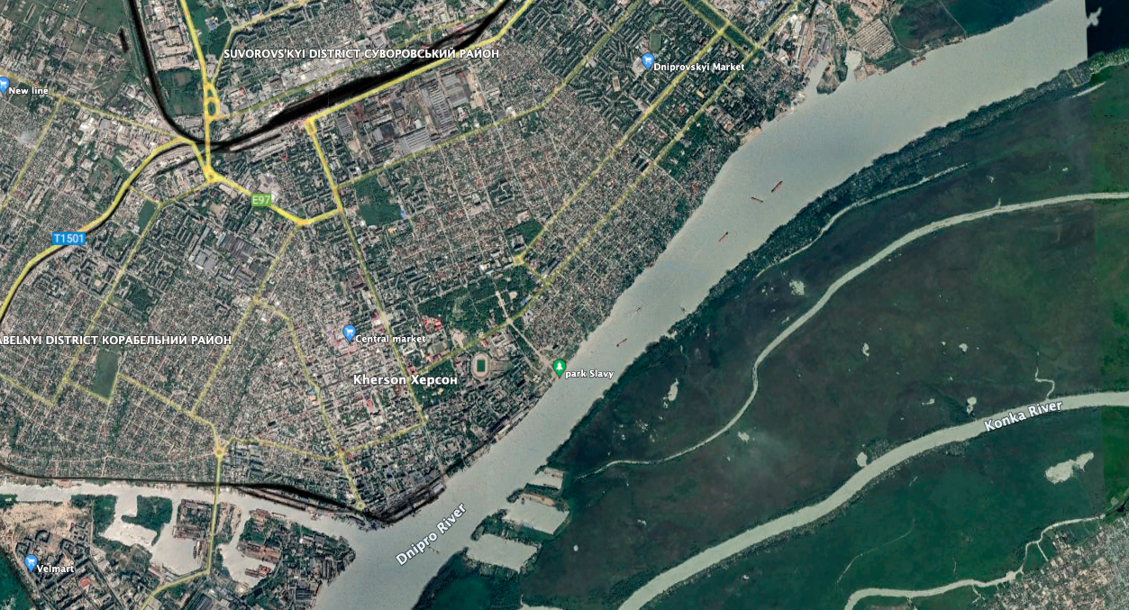 Kherson City on the West Bank of the Dnipro River is an important strategic asset for both sides and crossing it would entail a major military endeavor according to the Institute for the Study of War. (Google Earth image)