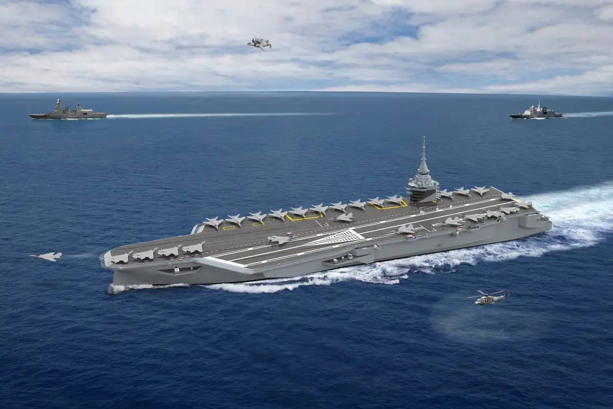 A side-facing 2020 rendering of PA-Ng, showing 10 aircraft parking spots on the carrier’s right-hand edge in front of the island.<em> Naval Group.</em>