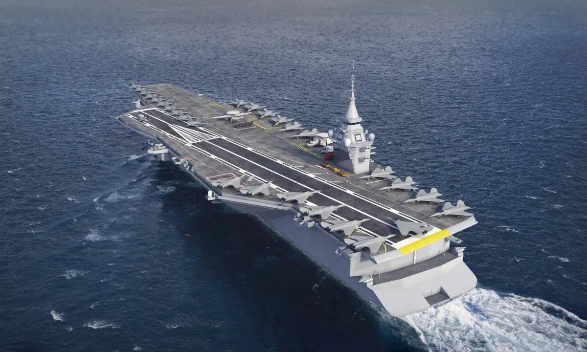 A side-facing 2020 rendering of PA-Ng, showing 8 aircraft parking spots on the carrier’s right-hand edge in front of the island.<em> Naval Group.</em>