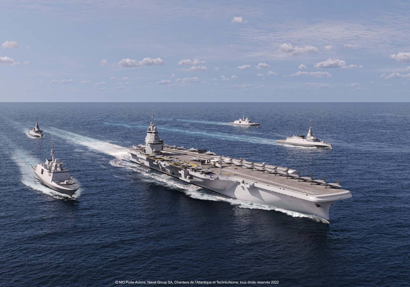 A side-facing 2022 rendering of PA-Ng, again showing 8 aircraft parking spots on the carrier’s right-hand edge in front of the island.<em> Naval Group.</em>