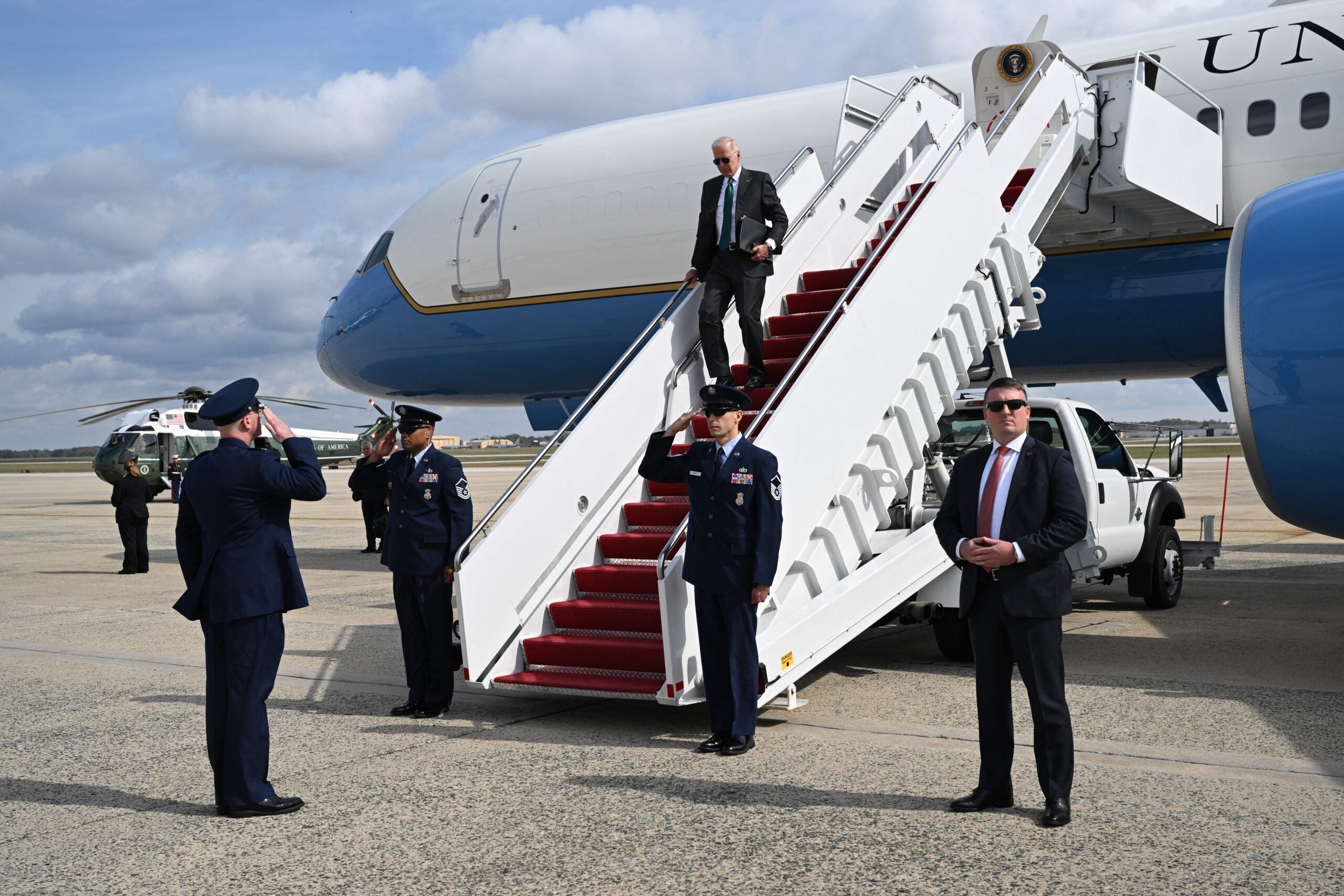 US President Joe Biden disembarks Air Force One at Joint Base Andrews in Maryland on October 17, 2022. - Biden is returning to the White House in Washington, DC, following a trip to Colorado, California, Oregon, and Delaware. (Photo by SAUL LOEB / AFP) (Photo by SAUL LOEB/AFP via Getty Images)