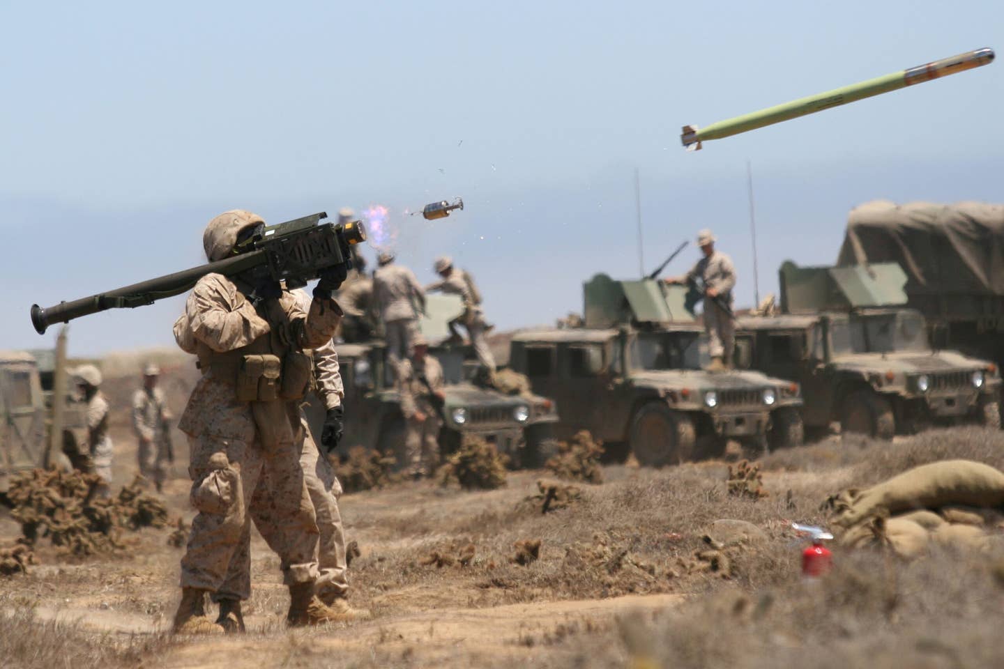 A Marine fires an FIM-92A Stinger missile at an unmanned aerial target during training at San Clemente Island in 2009. <em>Credit: Christopher O'Quin, U.S. Marine Corps</em>
