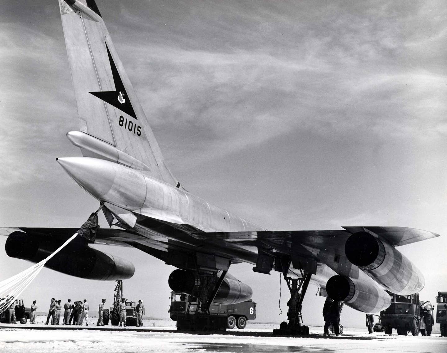 RB-58A Hustler 58-1015 seen on April 13, 1960, after a failure of the right main landing gear on takeoff at Edwards Air Force Base, California. <em>U.S. Air Force</em>