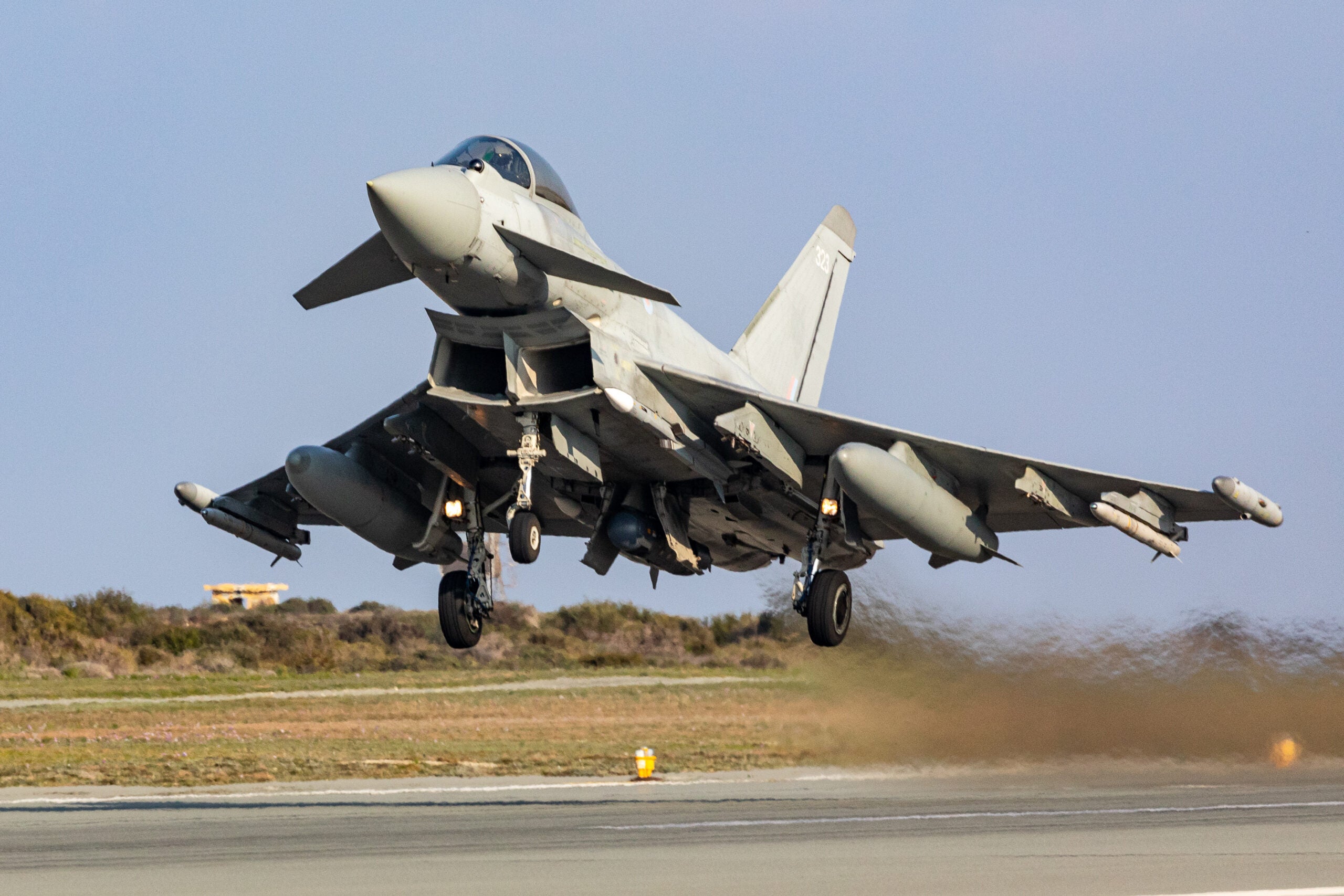 Pictured: A Royal Air Force Typhoon fighter jet takes off from RAF Akrotiri.

The Typhoon FGR.Mk 4 is a highly capable and extremely agile fourth-generation multi-role combat aircraft, capable of being deployed for the full spectrum of air operations, including air policing, peace support and high-intensity conflict. The aircraft has a potent, precision multi-role capability. 

The pilot performs many essential functions through the aircrafts hands on throttle and stick (HOTAS) interface which, combined with an advanced cockpit and the Helmet Equipment Assembly (HEA), renders Typhoon superbly equipped for all aspects of air operations.

Although Typhoon has flown precision attack missions in all its combat deployments to date, its most essential role remains the provision of quick reaction alert (QRA) for UK and Falkland Islands airspace.