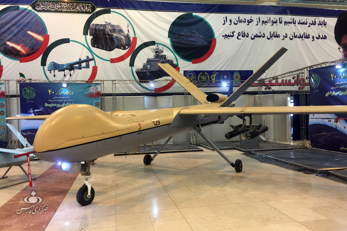 A second-generation Shahed-129 UAV with an antenna dome as seen during the Eqtedar 40 defense exhibition in Tehran.&nbsp;<em>Credit: No author/Wikimedia Commons</em>