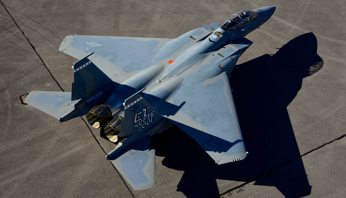 The first F-15EX for the U.S. Air Force arrives at Eglin Air Force Base, Florida, in March 2021. <em>U.S. Air Force photo/1st Lt. Karissa Rodriguez</em>