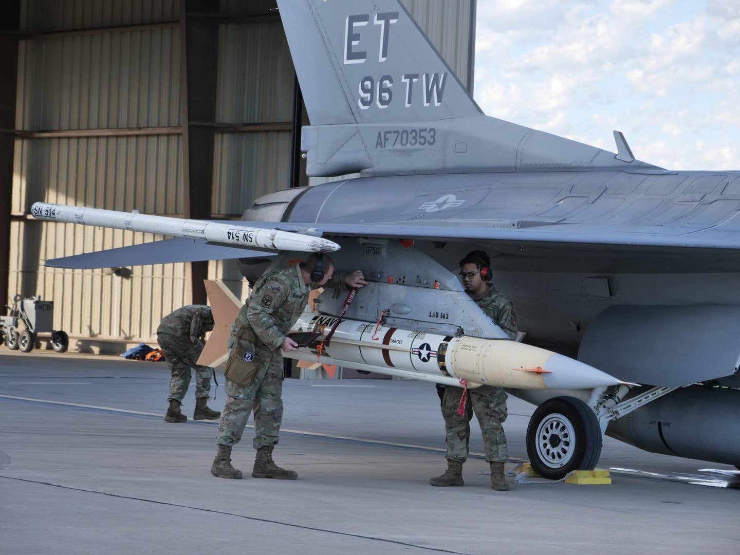 A crew from Eglin Air Force Base 96th Wing loads an AQM-37 target on an F-16 aircraft in support of the U.S. Army’s Integrated Fires Mission Command operations. <em>Credit: U.S. Army</em>