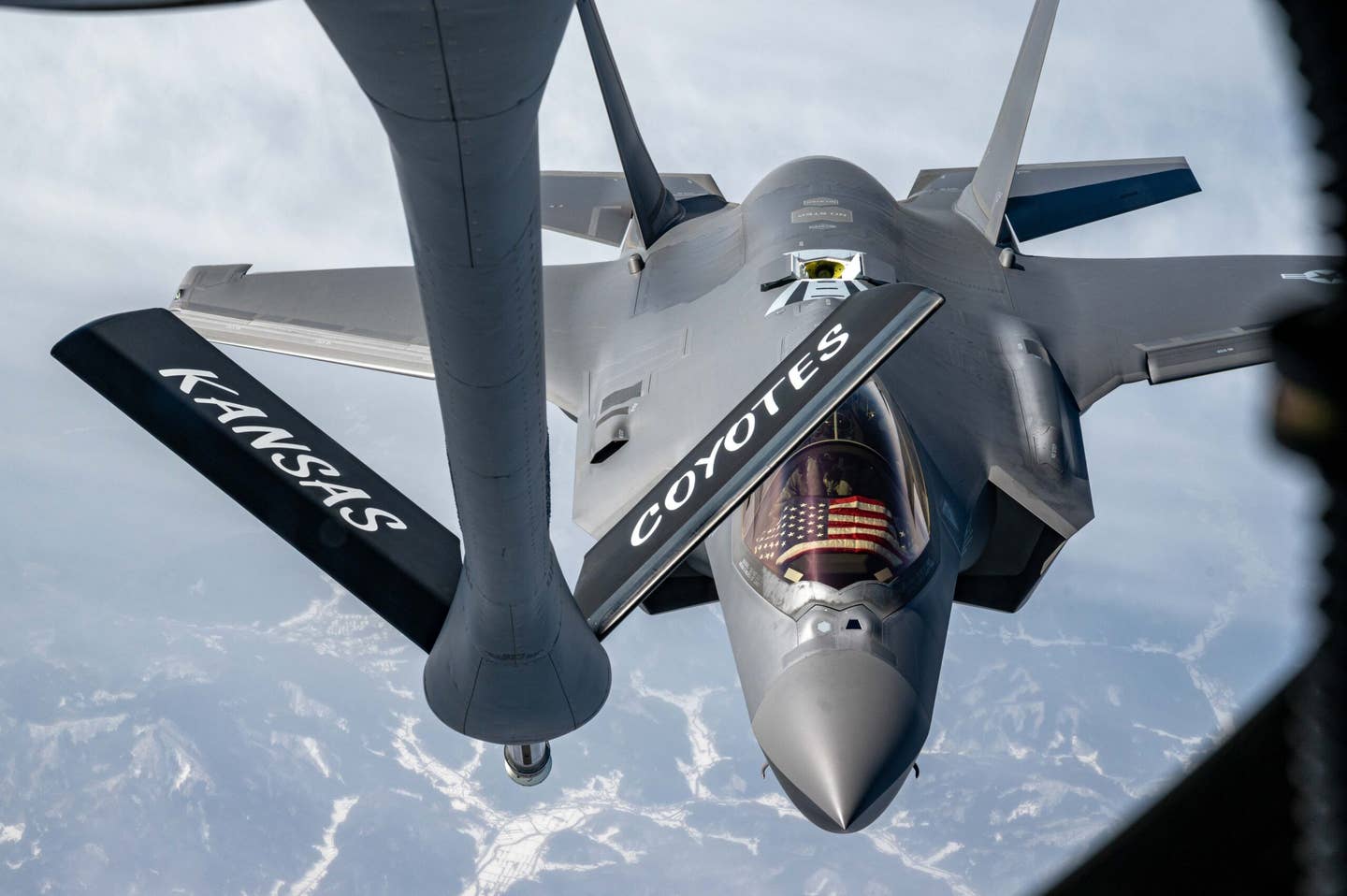 An F-35A from the 354th Fighter Wing, Eielson Air Force Base, Alaska, approaches a KC-135 Stratotanker assigned to the 117th Air Refueling Squadron, Forbes Field Air National Guard Base, Kansas, over the Indo-Pacific, March 10, 2022. The F-35As were deployed to Kadena Air Base for integrated operations with joint partners and allies in the Pacific region. <em>U.S. Air Force photo by Airman 1st Class Yosselin Perla</em>