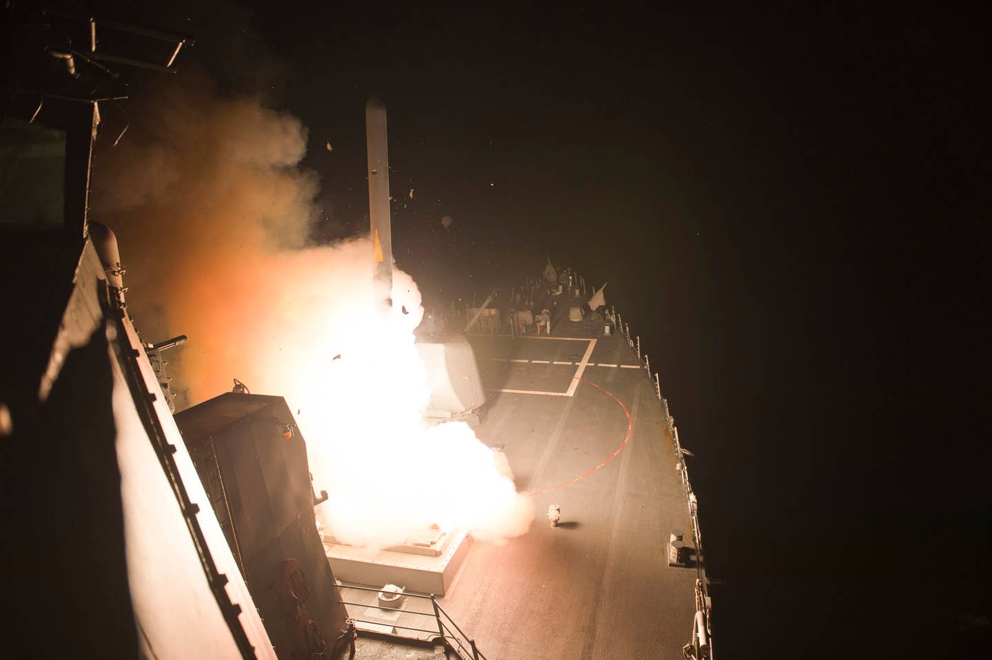 The destroyer USS <em>Arleigh Burke</em> (DDG-51) launches Tomahawk cruise missiles. <em>U.S. Navy photo by Mass Communication Specialist 2nd Class Carlos M. Vazquez II/Released</em>
