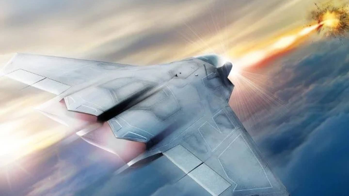 An earlier rendering of a sixth-generation combat jet, seen firing a directed-energy weapon.&nbsp;<em>Northrop Grumman</em><br>