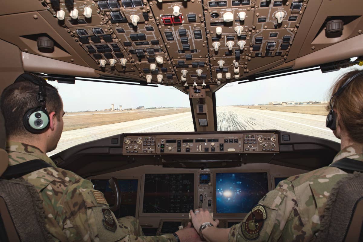 The view from inside a KC-46A cockpit on a more typical sortie with a pilot and copilot aboard. <em>USAF</em>