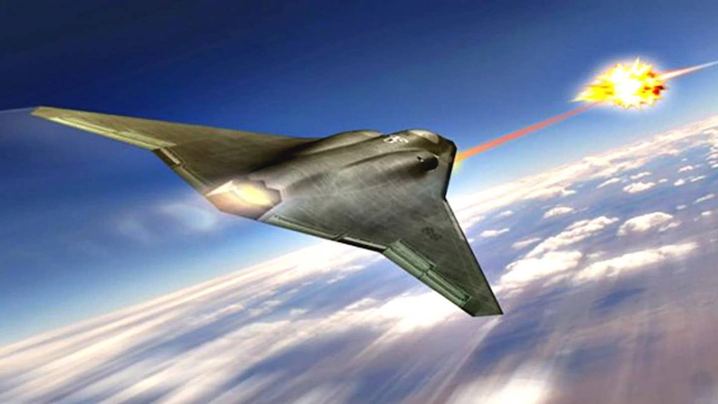 An artist's conception of a sixth-generation stealthy combat jet armed with a laser directed energy weapon. <em>Northrop Grumman</em>