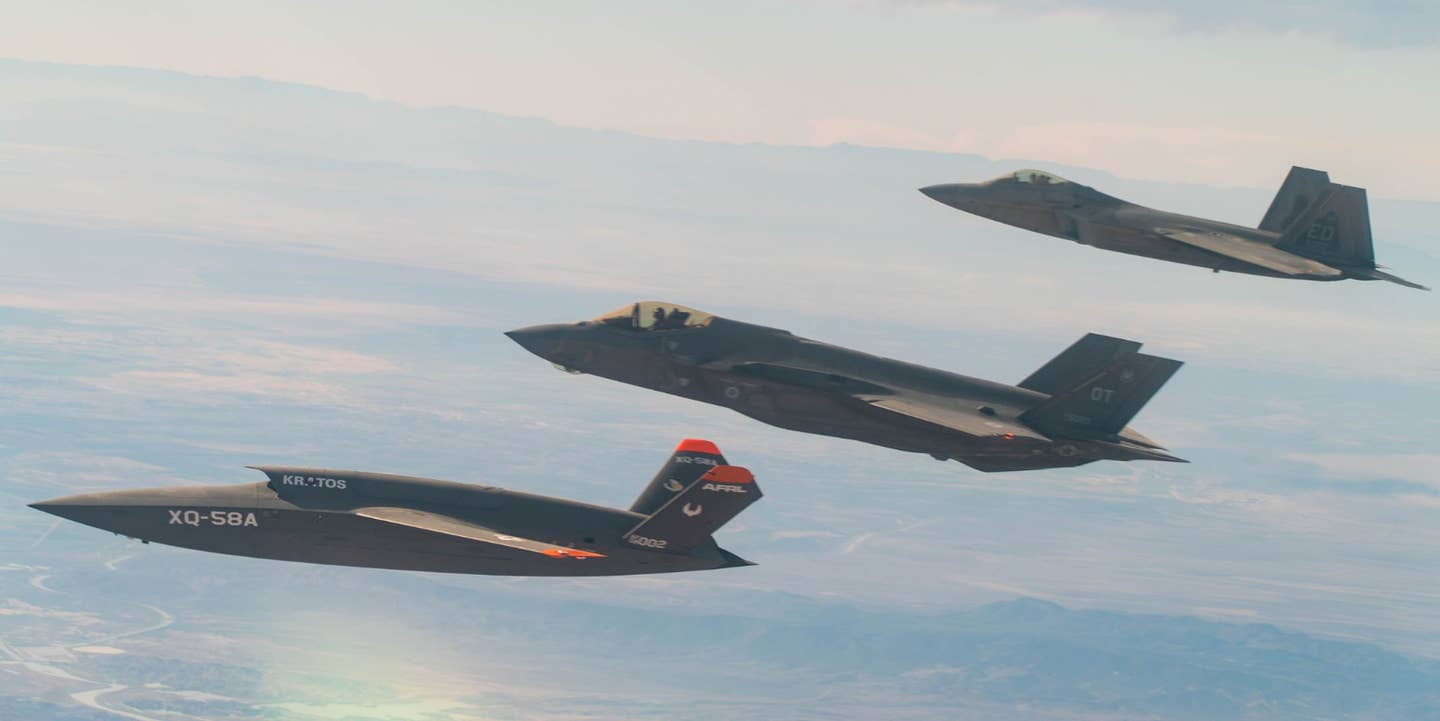 F-22, XQ-58, and F-35 fly in formation during datalink gateway demonstration. (USAF)