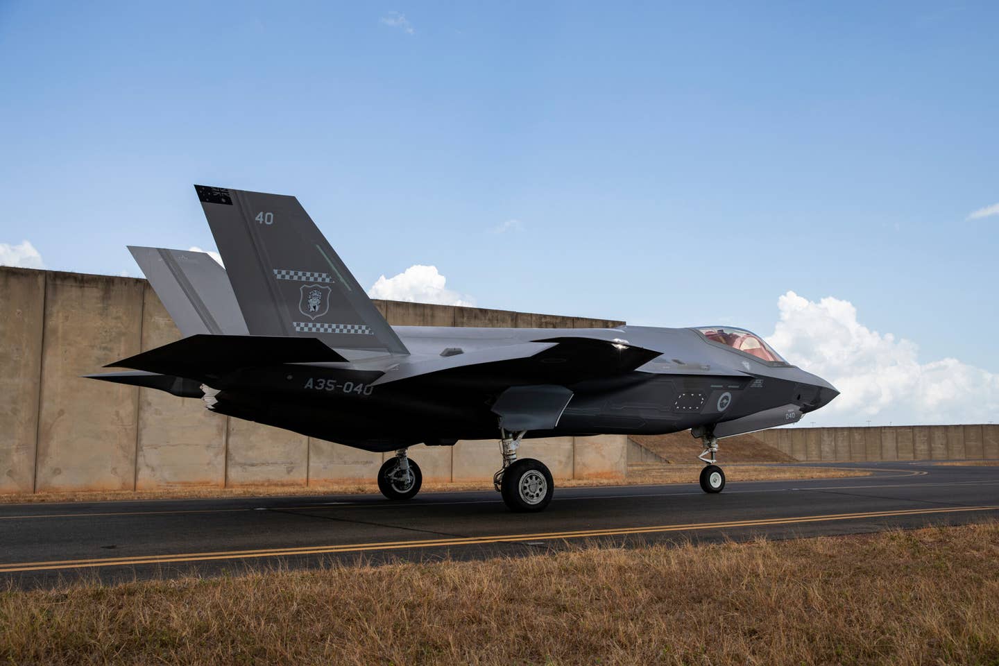 An RAAF F-35A taxis prior to takeoff during Exercise Pitch Black 2022, at RAAF Base Darwin. <em>Australian Department of Defense</em>