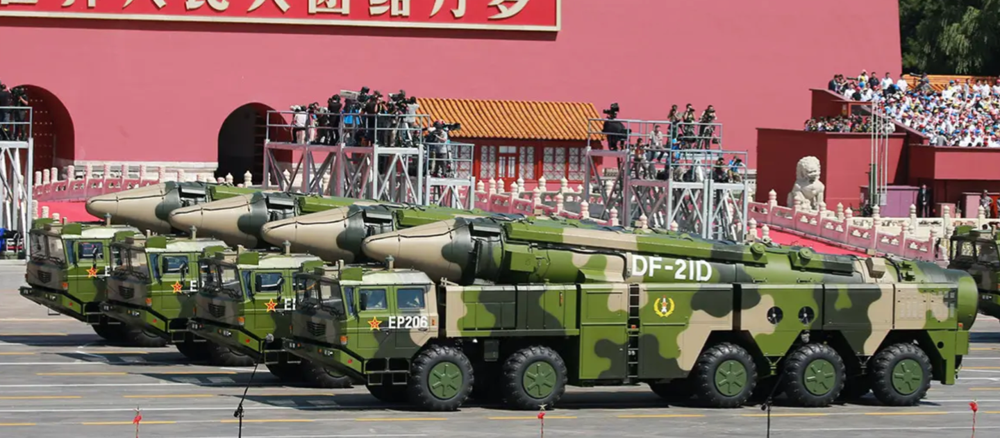 DF-21D medium-range ballistic missiles on parade.&nbsp;<em>Imaginechina via AP</em>