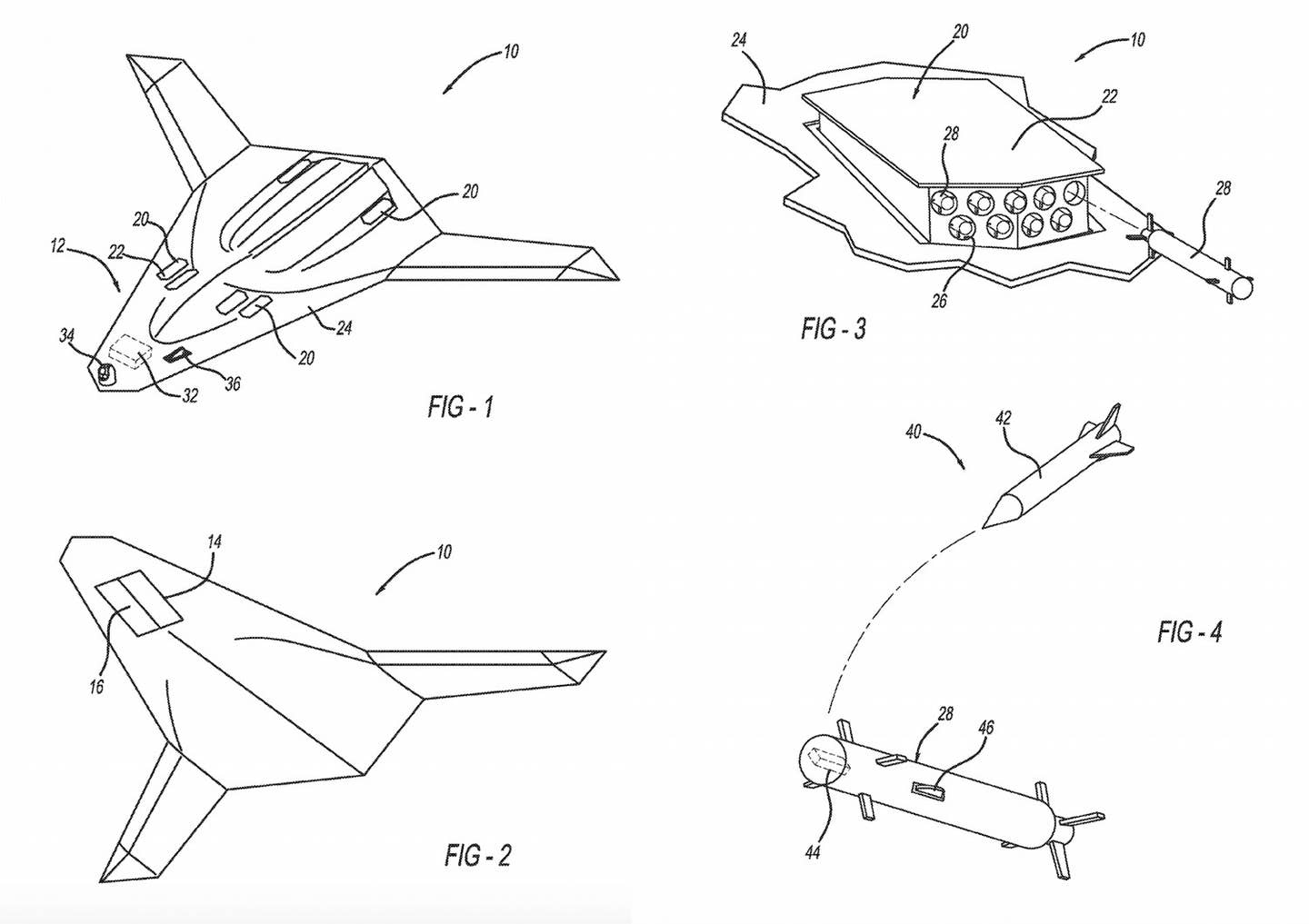 Drawings from Northrop Grumman's patent for an anti-missile system for aircraft, seen depicted installed on what appears to be a stealth uncrewed design. <em>USPTO</em>