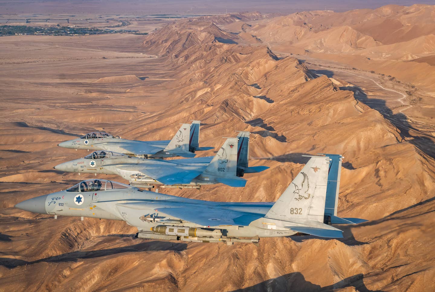 The three F-15 Baz jets in close formation, revealing the kill marks worn on each. <em>Amit Agronov</em>